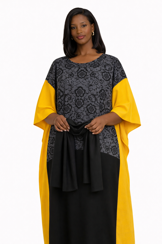 Black Yellow African Kaftan Maxi Dress Loose Bubu With Scarf