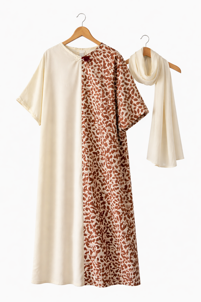 Women Cream Brown African Kaftan Maxi Dress Bubu With Cream Scarf