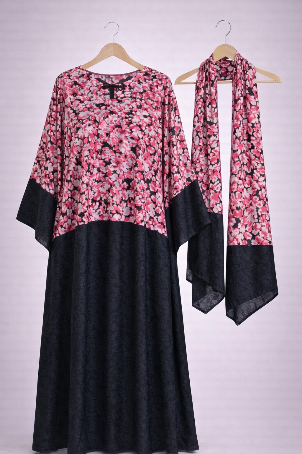 Women Pink Floral & Black Velvet Boubou Kaftan Dress w/ Scarf Set