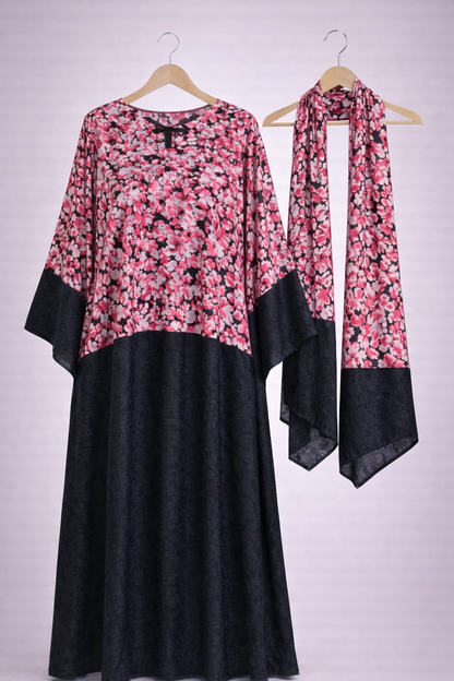 Women Pink Floral & Black Velvet Boubou Kaftan Dress w/ Scarf Set