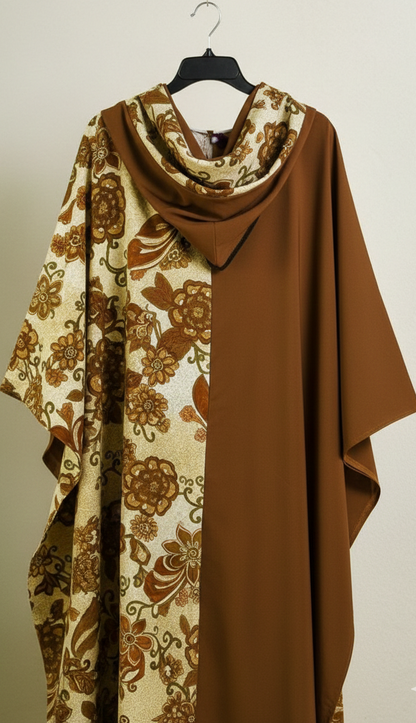 Brown African Kaftan Maxi Dress Floral Print Loose Bubu With Scarf