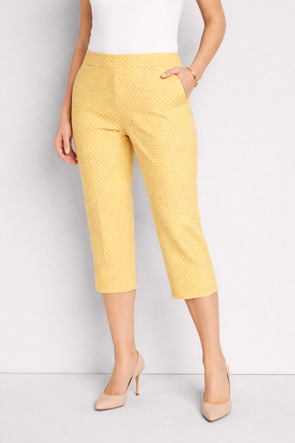 Women’s Yellow Polka Dot Capri Pants 3/4 Length Slim Fit Chic Casual