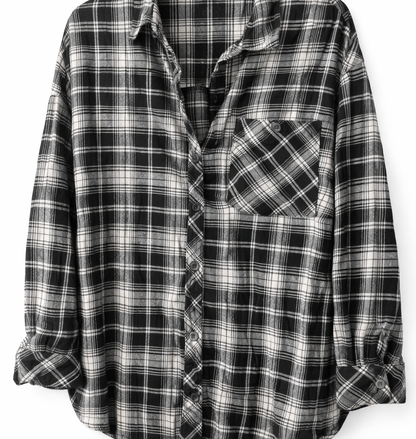 Classic Black & White Plaid Side-Pocket Blouse – Effortless Street Chic