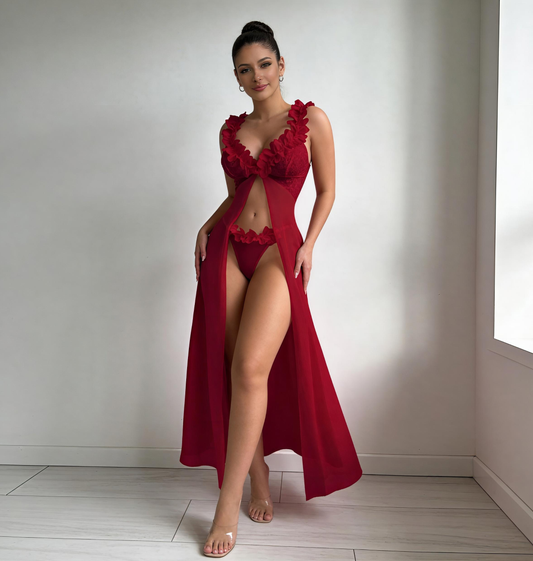Crimson Red Sheer Maxi Babydoll – Bold Romance in Motion