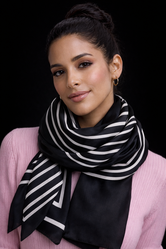 Black & White Geometric Scarf – Silk-Feel Polyester, Soft & Lightweight