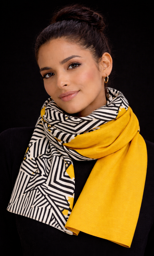 Women's GeoMuse Duo-Tone Statement Scarf – Mustard & Graphic Black-White