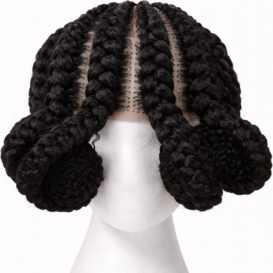 Black Chunky Cornrow Wig Large ‘All Round’ Buns- Lace Frontal Braided Unit