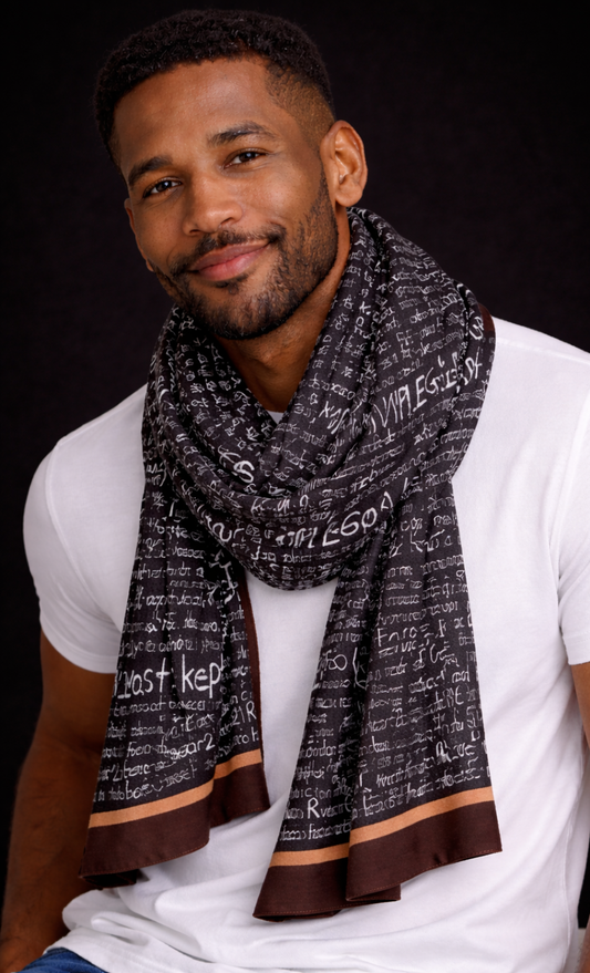 Monochrome Script Luxe Viscose Scarf – Black & Chocolate Edge Print