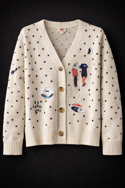 Women’s Cute Polka Dot Knit Cardigan Sweater – Embroidered Novelty Design