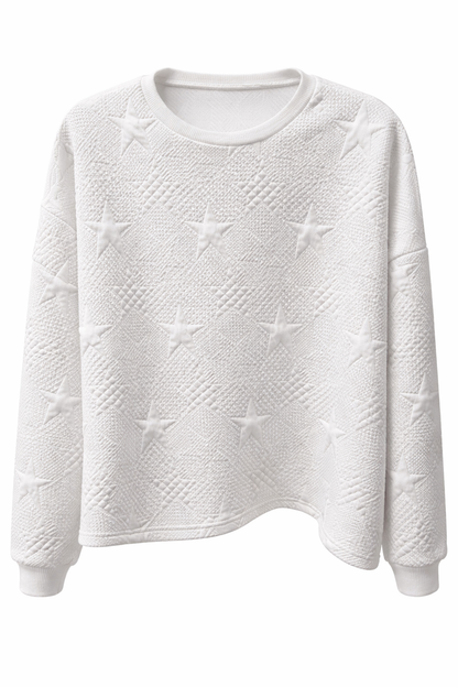 Textured Star Pattern Sweatshirt 1XL – White Stretch Pullover Top