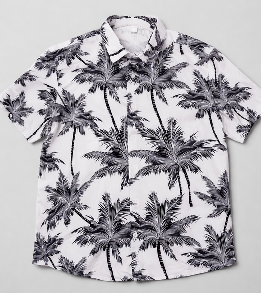 Men’s Tropical Palm Tree Button-Down Shirt XXL Black & White Hawaiian Style