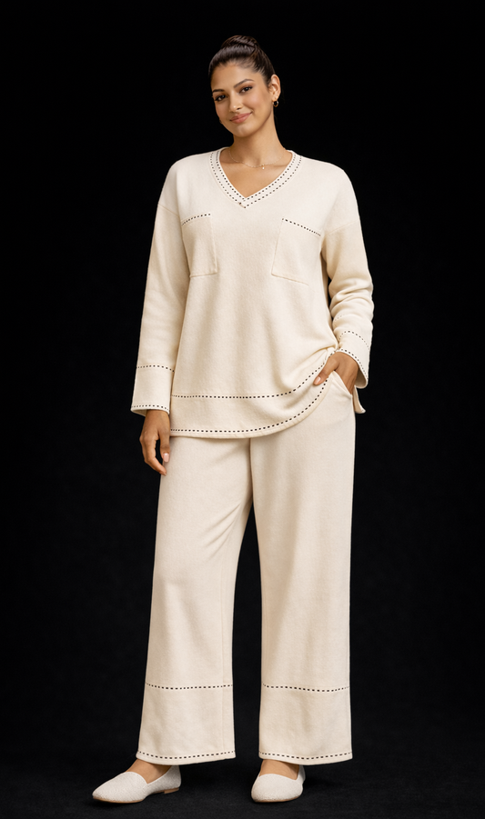 Ivory Luxe Two-Piece Knit Lounge Set – V-Neck Top & Wide-Leg Trousers