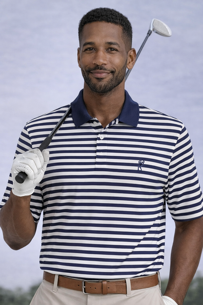 Ashworth Navy White Striped Golf Polo Shirt Men's XL Performance Golf Wear