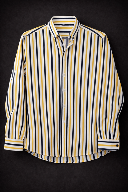 Women’s White Navy Yellow Striped Button-Down Blouse – Smart Casual Style