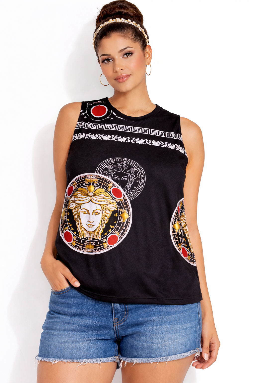 Hand-Sewn Medusa Motif Greek Key Inspired Sleeveless Designer Blouse