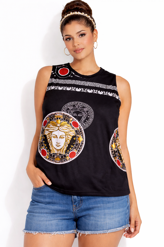 Hand-Sewn Medusa Motif Greek Key Inspired Sleeveless Designer Blouse