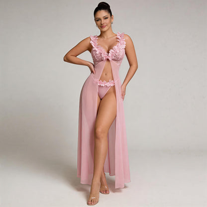 Blush Pink Sheer Lace Maxi Babydoll – Romantic & Elegant