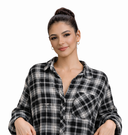 Classic Black & White Plaid Side-Pocket Blouse – Effortless Street Chic