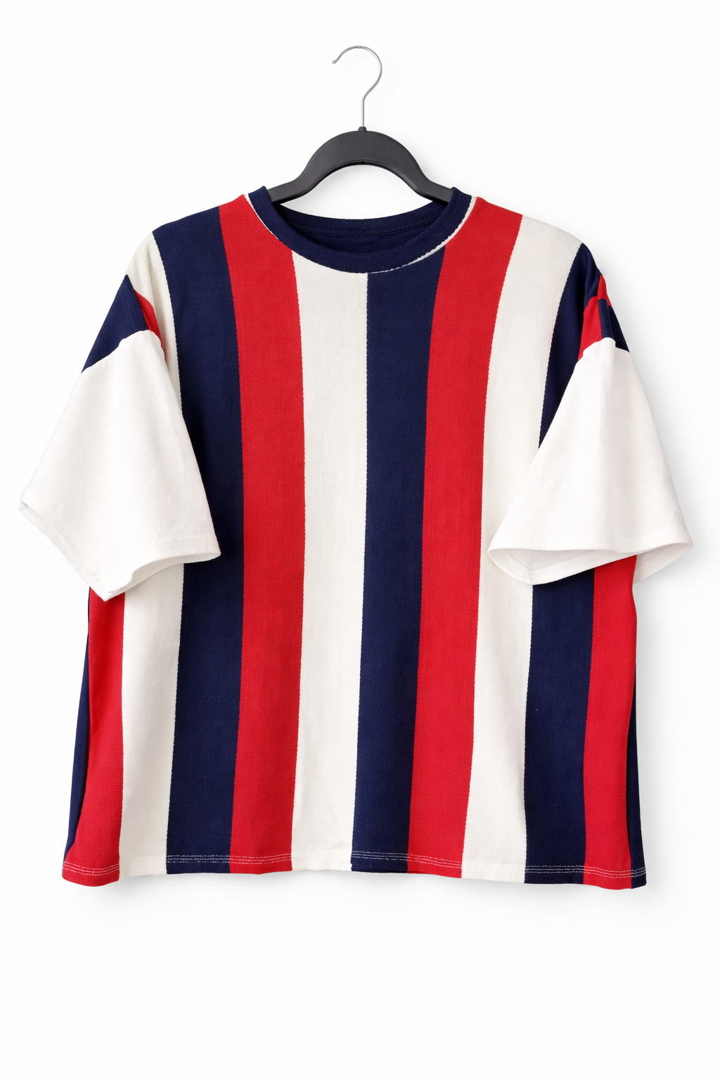 Women’s Hand-Sewn Red White Blue Striped Top – Handmade Retro Casual Shirt
