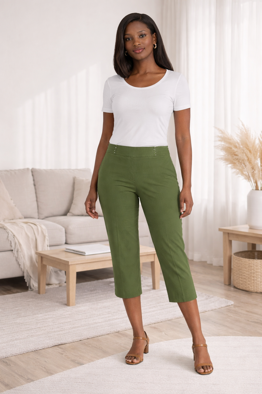 Olive Green Tailored Cropped Pants | High-Waist Slim Fit Trousers |