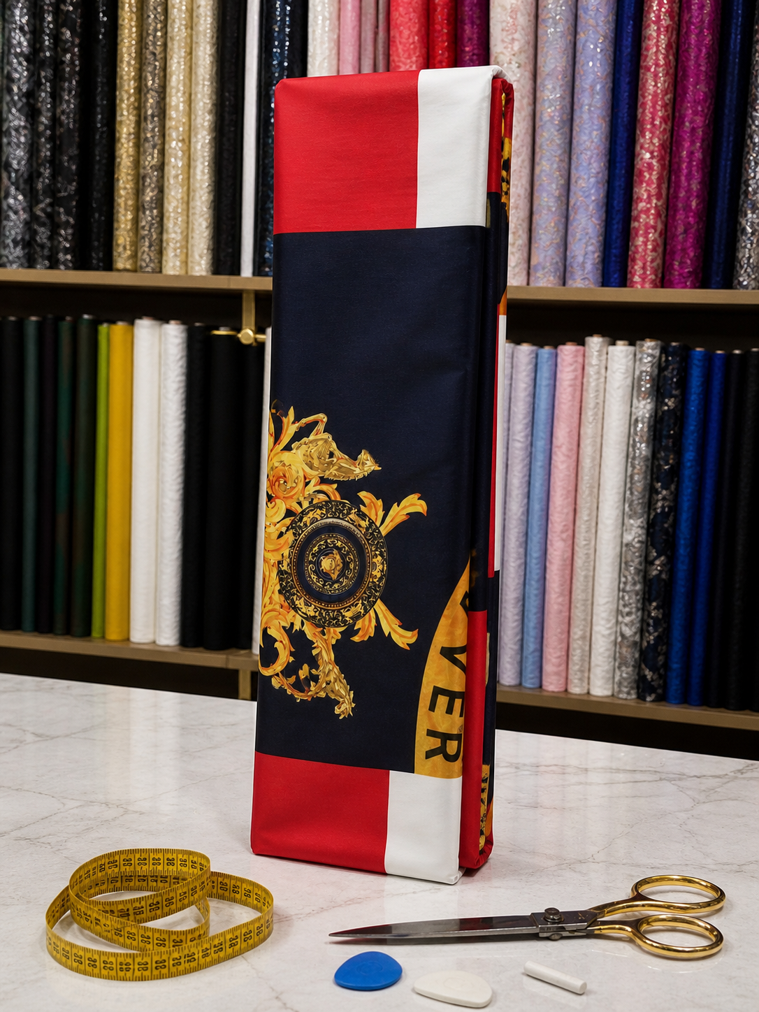 Luxury Baroque Stretch Fabric – Bold Red, Navy & Gold Ornate Print (4-Way Stretch, Premium Quality)