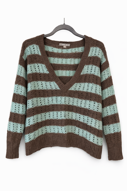 APT.9 Women's Striped V-Neck Sweater – Brown & Mint Acrylic Knit – Pre-Owned