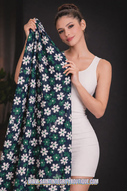 Premium Vintage Floral Cotton Fabric – Navy & Green Daisy Print | 60” Width | Soft Breathable Cotton Textile