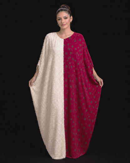 Premium Two-Tone Boubou Dress – White Fluffy Texture & Wine Floral Loose-Fit Kaftan