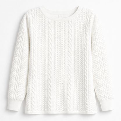 Pure Eternal White Cable Knit Stretch Blouse – Classic Textured Sweater Top (Large)