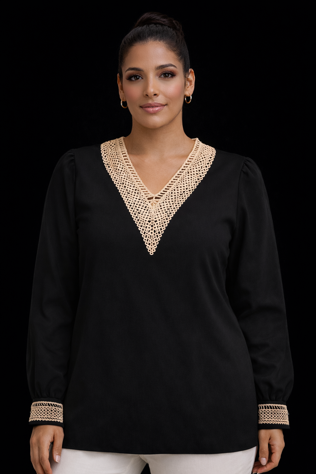 Elegant chiffon blouse featuring a handcrafted crochet V-neck trim and refined sleeve detailing.  Color is dark chocolate.
