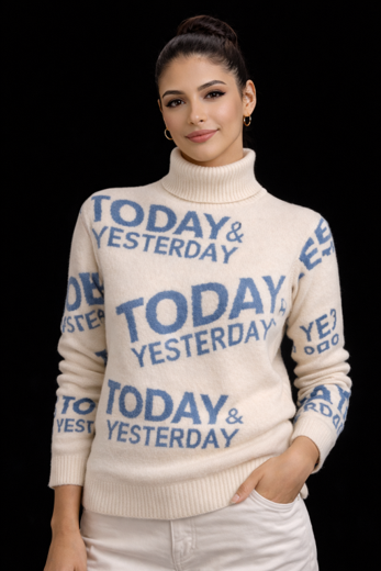 “Today & Yesterday” Signature Turtleneck – Statement Graphic Knit