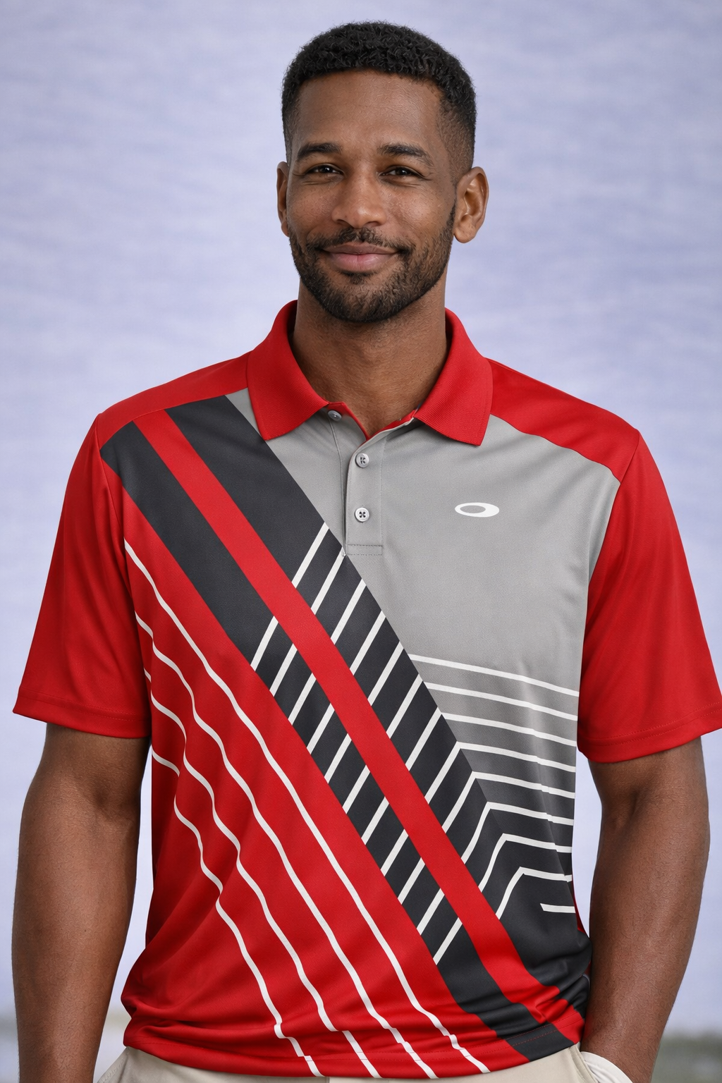 Oakley Performance Golf Polo- Red Gray Geometric-Regular Fit L- Made in Thailand