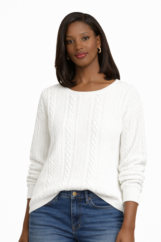 Pure Eternal White Cable Knit Stretch Blouse – Classic Textured Sweater Top (Large)