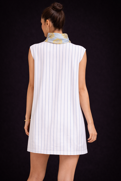 Handsewn Blue Pinstripe Mini Dress with Designer Medallion Turtleneck